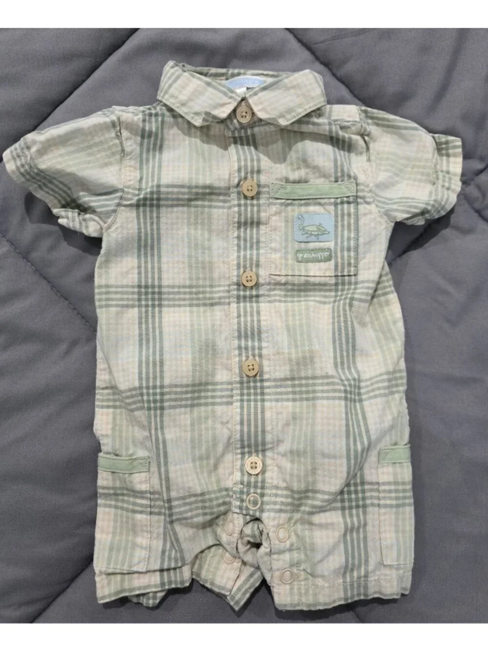 Janie and Jack Baby Boys Plaid Shortall Romper Green Grasshopper Preemie